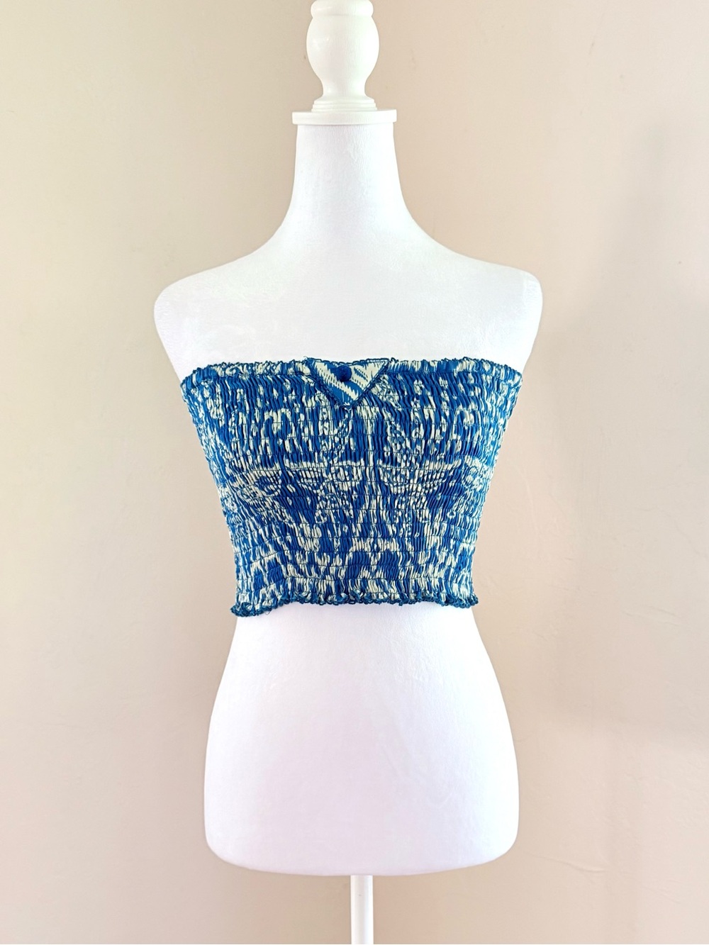 NWT Poupette St. Barth Turquoise Blue Ikat Viscose Satin Smocked Bandeau Top O/S